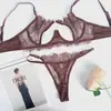 Conjunto de lencería hueco de encaje de pestañas de lujo, transparente, conjunto de dos piezas de sujetador y tanga, caliente y seductor, tentación sexy