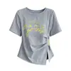 Camiseta de verano elegante para mujer talla grande con cuello redondo, diseño estampado, mangas cortas, entallada en la cintura, efecto adelgazante y abertura irregular