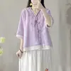 Nueva camisa estilo chino con tapeta diagonal y cierre de botones, mezcla de algodón y lino de verano para mujer, diseño Hanfu modernizado, vestido tipo túnica inspirado en el Zen, top estilo étnico, adecuado para figuras petite