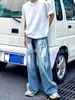 Estilo Americano Lavado Tubo Recto Pintura Graffiti Punto Suelto Combinan con Todo Jeans de Moda Rectos Casual Nicho Pantalones de Pierna Ancha