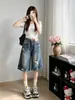 Shorts de mezclilla retro de cintura alta holgados para mujer, nuevos shorts de verano 2026 finos con rotos a la altura de la rodilla, pantalones rectos para mujeres petite
