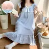 Pijama de Algodão Nuvem Feminino Verão Estilo Princesa Xadrez Alça Única Camisola com Bojo Fina Roupa de Casa de Verão para Usar por Cima