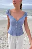 Camiseta Nova de Verão Estilo Ballet com Babados de Manga Curta Renda Slim Fit Botão V-Neck Manga Curta Top Atacado
