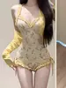 Nuevo Traje de Baño Floral de una Pieza para Mujer 2026, Conjunto de Dos Piezas de Manga Larga que Cubre el Cuerpo y Luce Adelgazante, Adecuado para Vacaciones y Aguas Termales, Traje de Baño Dulce para Niña