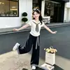 Conjunto Dopamina Verão para Alunas do Ensino Fundamental Moda Gola Azul Marinho Manga Curta Calça Casual Versátil Fina Conjunto de Duas Peças