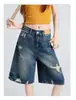 Shorts jeans rasgados da moda para mulheres, novo estilo quente de verão, cintura alta preta, que cobre o quadril, corte A, perna larga, comprimento médio