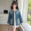 Jaqueta Jeans Feminina Primavera e Outono 2026 Novo Estilo Infantil Elegante Moda Outono Estudante Casual Estilo Coreano Top Cachecol