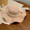 Sombrero de paja con borde de encaje y perlas en forma de onda y lazo para mujer, protector solar de verano, sombrero para el sol de vacaciones en la playa, ala ancha