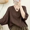 Ropa de Té Zen Corta Holgada de Manga Tres Cuartos y Cuello en V de Principios de Otoño Talla Grande Nuevo Estilo Chino Botón de Rana Top de Algodón para Bebé Mujer