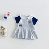 Verão Dianxi Novo Bebê Criança Desenho Bordado Vestido Princesa Menina Bebê Doce Gola Boneca Bloco de Cores Vestido de Manga Curta