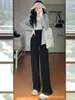Calça feminina de verão em seda gelada, perna larga, fina, com caimento, solta, reta, cintura alta, cordão, casual, comprimento total, fresca, proteção solar, calça comprida