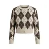 Cardigan de malha jacquard com padrão de losangos para outono e inverno, moda feminina transfronteiriça, suéter feminino estiloso de gola redonda e manga comprida, atacado de fábrica