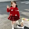 Conjunto de Suéter para Niña Otoño Invierno Nuevo Gato de Dibujos Animados Cárdigan de Punto Estilo Coreano Elegante Falda a Cuadros Vestido de Princesa para Bebé