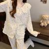 Pijama de Algodón Nubes Florales Pequeñas para Mujer Primavera Nuevo Pantalón Largo Celebridad de Internet Encaje Dulce Traje de Ropa para el Hogar Venta al por Mayor