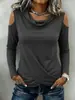 2026 Otoño Nuevo Transfronterizo Estilo Europeo y Americano Cuello Alto Hombro Descubierto Manga Larga con Dobladillo Cruzado Ajustado Camiseta para Mujer