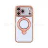 Adecuado para funda de teléfono Apple 17pm con soporte magnético de diamante en el borde, Funda protectora transparente electrochapada con purpurina para Apple 18promax