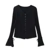 Top de Malha Gola V de Botão Único para Mulheres, Camada Interna de Nicho e Chique, Camiseta Básica com Efeito Emagrecedor, Cardigan de Malha Feminino de Manga Longa