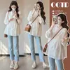 Ropa de maternidad para principios de otoño, nueva blusa babydoll con cuello de volantes bordado, top versátil de manga larga estilo coreano para adelgazar para mujeres embarazadas