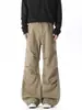 Pantalones de trabajo de algodón lavado color caqui para hombre, pantalones de otoño de carga pesada con pliegues, pierna ancha acampanados, pantalones casuales estilo high-street americano