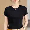 Camiseta de color liso con cuello redondo para mujer, manga corta de algodón mercerizado, base, manga media, corte ajustado, adelgazante, para el trabajo, primavera y verano, nueva, manga corta