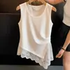 Camisola de algodón de seda con dobladillo de encaje y cuello redondo para mujer, nuevo estilo de verano, talla grande, top plisado irregular