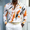 Nueva camisa de manga larga para hombre con base azul y estampado de salpicaduras naranja-amarillas, diseño audaz y llamativo, versátil para ir al trabajo