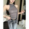 Top de tirantes sin mangas ajustado estilo Pure Desire con cuello halter para mujer, Nuevo top de verano sexy elegante estilo francés con cuello alto y cinta