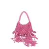 Bolsa de Mão Tecida Vazada com Franjas Estilo Étnico Retrô Boêmio Transfronteiriça Moda Estilosa Bolsa de Praia para Férias