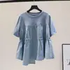 Camisa Irregular Feminina Manga Curta Verão 2024 Gola Redonda Costura Solta Camiseta em A Cordão Cintura Apertada Camisa