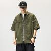 Estilo Japonés Ropa de Trabajo Camisa de Manga Corta para Hombre Guapo Verde Militar Marca de Moda Street Camisa de Manga Media Media Manga Top de Algodón Puro