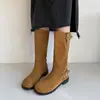 ¡Cena de moda risu ~! Hebilla de Cinturón de Tacón Grueso Esmerilado Botas Vaqueras Botas Largas para Mujer Botas de Caballero de Caña Media Otoño e Invierno Terciopelo
