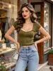 Blusa de Tricô Manga Curta Gola Quadrada Francesa para Mulheres Slim Costurada Gola Coração Blusa Base Justa Camada Interna 0858308