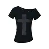Camiseta Diagonal Off-Shoulder Estilo Chica Picante Y2K con Corte Ajustado, Diseño que Ceñe la Cintura, Decoración de Pedrería, Patrón de Cruz, Nuevo Modelo Primavera/Verano 2026