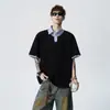 Camiseta tipo polo de manga corta a bloques de color a rayas estilo americano para hombre y mujer, camiseta versátil holgada con cuello para pareja de verano