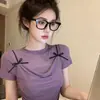 Top de Verano para Mujer de Manga Corta, Color Morado Suave, con Cuello Fruncido, Lazo y Pliegues, Corte Ajustado, Falso Dos Piezas, Moderno