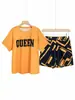 Roupa Esportiva Casual de Verão Estampada com Gola Redonda e Manga Curta, Shorts Duas Peças, Roupa de Verão