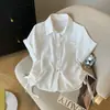 Camisa Blanca Estilo Coreano con Cuello Polo para Mujer, Verano Holgada Casual Hombro Normal Manga Corta con un Elegante Diseño de Cordón, Top Corto