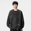 Moletom Listrado Tendência Estilo Americano Oversized com Estampa de Letras para Homens, Nova Camisa Básica de Outono com Gola Redonda e Caimento Solto