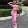 Roupas Femininas Europeias e Americanas Inverno 2025 Novo Manga Longa Gola Redonda Cor Pura Ajuste Slim Calças com Ponto Reverso Conjunto de Duas Peças para Mulheres Atacado