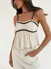 Estilo Garota Popular Camisole Color Block Preto e Branco Top Curto de Chiffon com Babados Franceses e Amarração