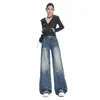 Jeans Wide Leg Vintage Lavado com Vinco Laranja Jovem Feminino Solto Emagrecedor Personalidade Versátil Comprimento Total Tendência
