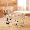 Taza de vidrio con pajita, taza de agua con estampado de fresas de dibujos animados para niñas, taza de jugo para el hogar con tapa