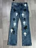 Jeans de Retazos Lavados con Llama Cruzada de Marca Nueva y de Moda para Hombre, Moda Versátil Casual de Pierna Recta Suelta de High Street
