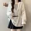 Roupas femininas plus size coleção outono 2026, design único, falso duas peças, moderno, acinturado, blusa casual de manga longa com cinto