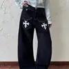 Jeans boca de sino com estampa de cruz, estilo retrô americano, para mulheres, coleção primavera/outono 2026, caimento solto, calça de perna larga