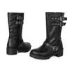 Botas de couro antiderrapantes com sola de borracha para outono e inverno, de cano médio, com bico redondo, salto médio plataforma, botas de montaria leves e versáteis para mulheres