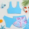 Conjunto de Três Peças Liso com Fenda, Top sem Mangas com Decote U, Shorts Esportivos com Estampa de Planta Tropical, Conjunto de Roupa de Banho para Meninas