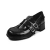 Mocassins de Couro Bovino com Borda Aberta Salto Bloco Feminino Sapatos Pequenos de Couro Outono/Inverno Novo Bico Redondo Fivela Salto Médio Polido Sapatos Individuais Femininos