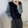 Cárdigan de Punto Patchwork con Mangas de Mezclilla Transfronterizas para Mujer Otoño/Invierno 2026 Nuevo Suéter de Punto con Bloques de Color de Cuello Redondo Chaqueta Top