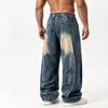 Jeans de pierna ancha patchwork lavados y desgastados estilo americano transfronterizos para hombre, con teñido degradado, corte holgado y un diseño fluido y tridimensional